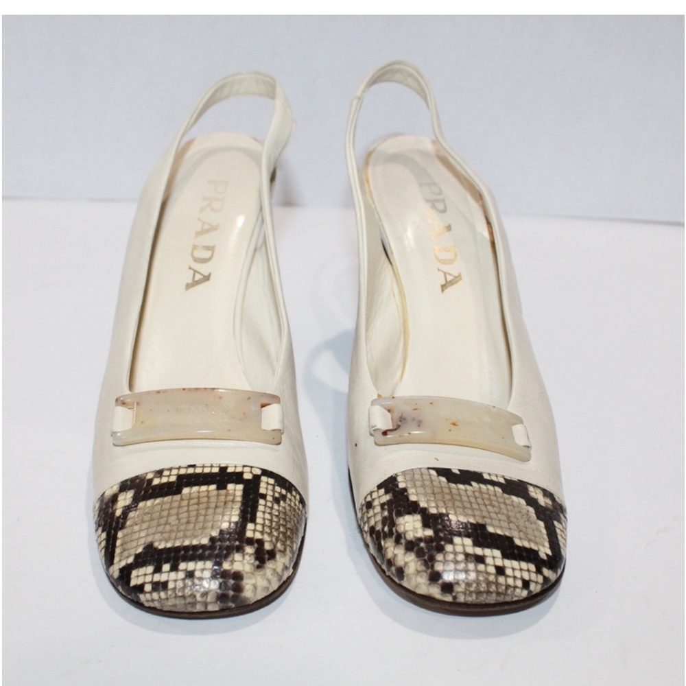 Vintage Prada Sling back Block Heel Ivory Snakeskin toe Size 36.5